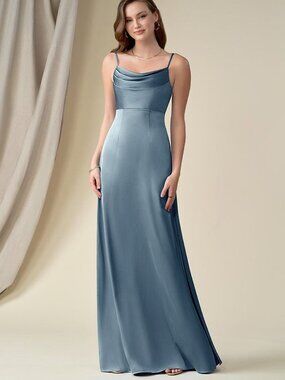 Azazie Esmee Satin Dress | Dusty Blue | Size 8